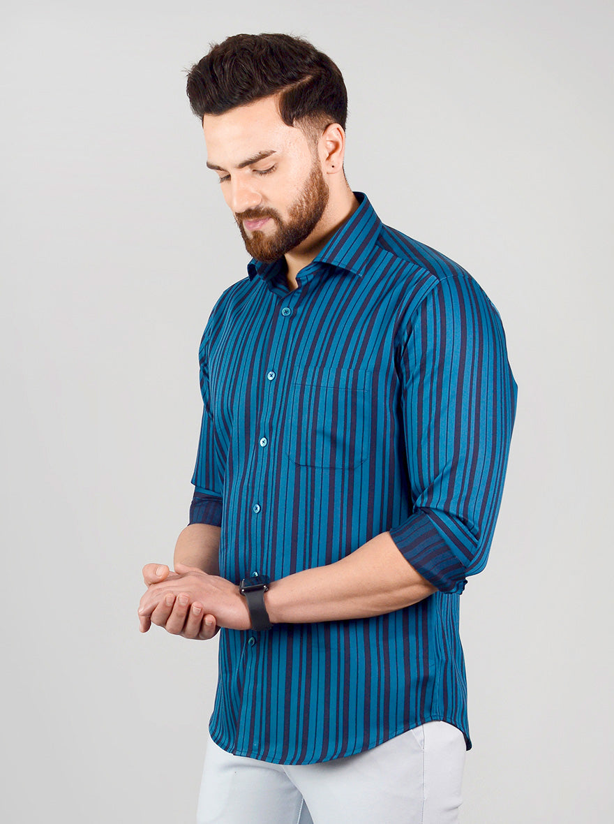 Pacific Green & Navy Blue Striped Slim Fit Evening Wear Shirt | Metal