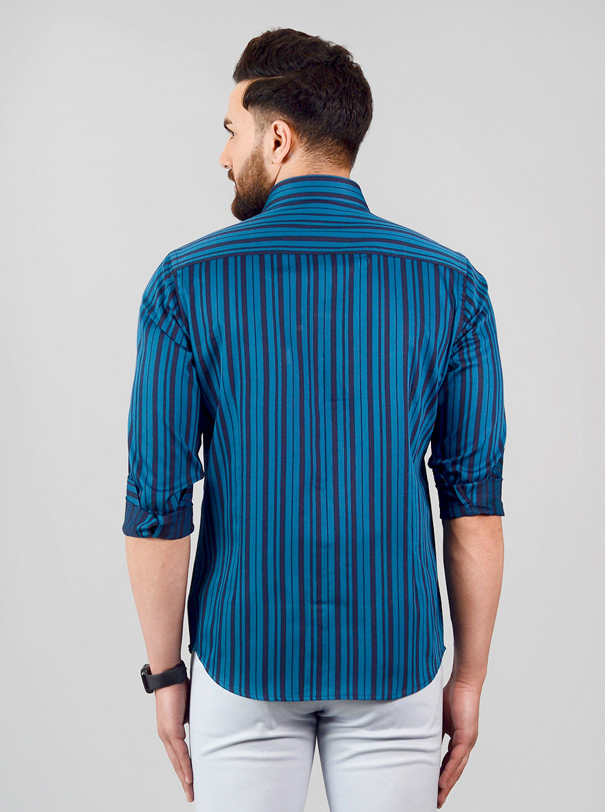 Pacific Green & Navy Blue Striped Slim Fit Evening Wear Shirt | Metal