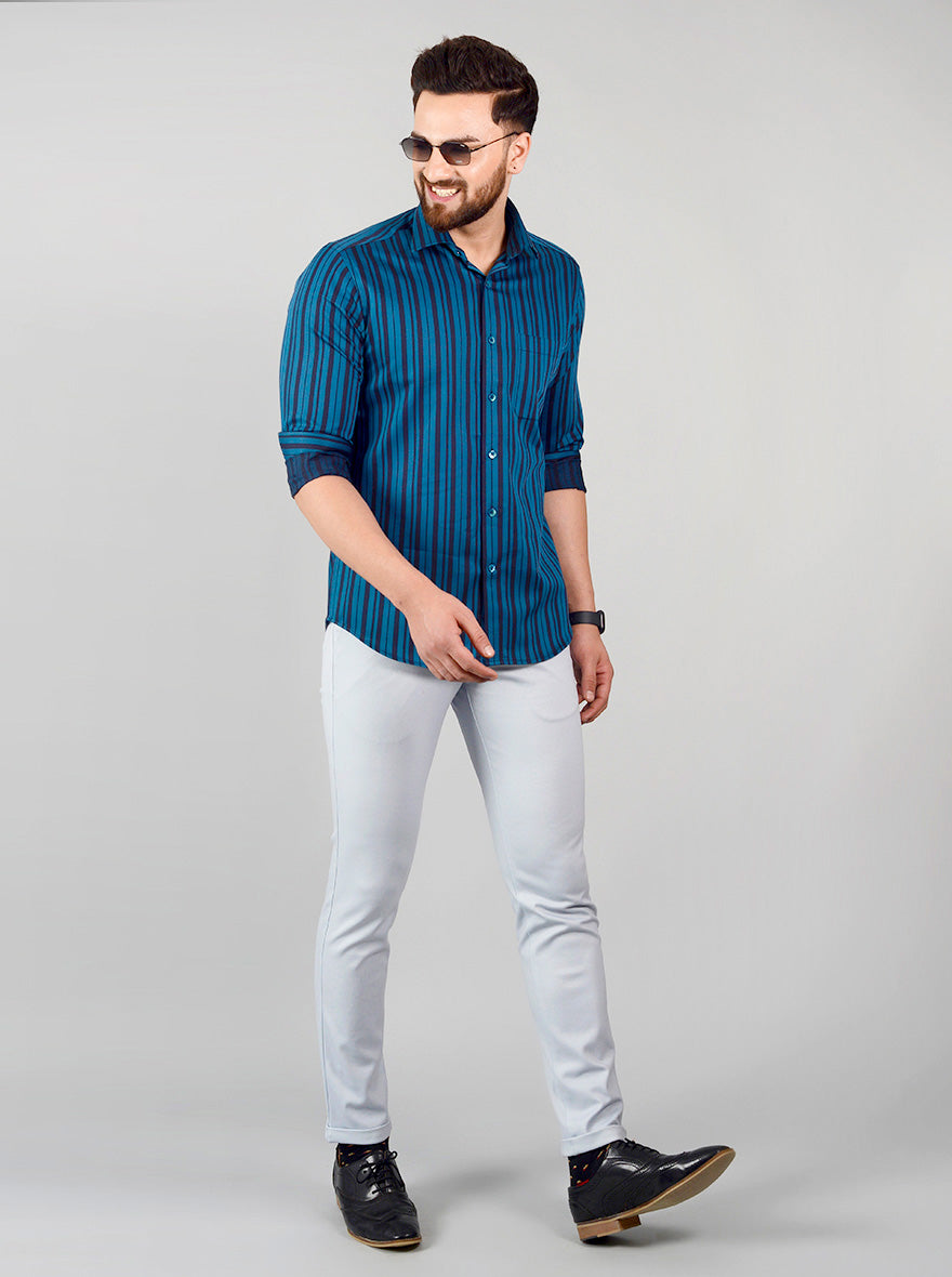 Pacific Green & Navy Blue Striped Slim Fit Evening Wear Shirt | Metal