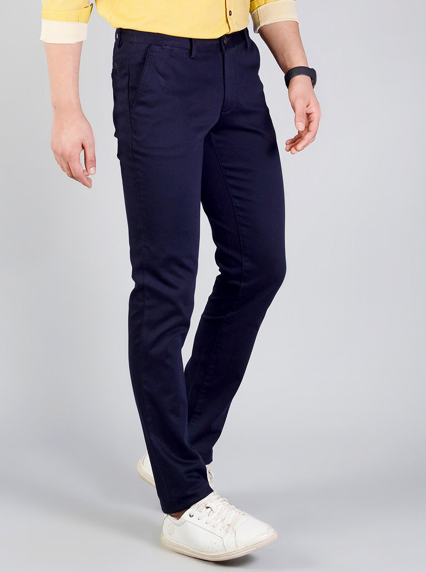 Navy Blue Solid Slim Fit Chinos | JB Sport