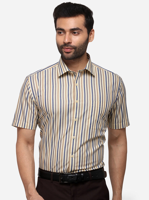 Beige & Blue Striped Regular Fit Formal Shirt | JadeBlue