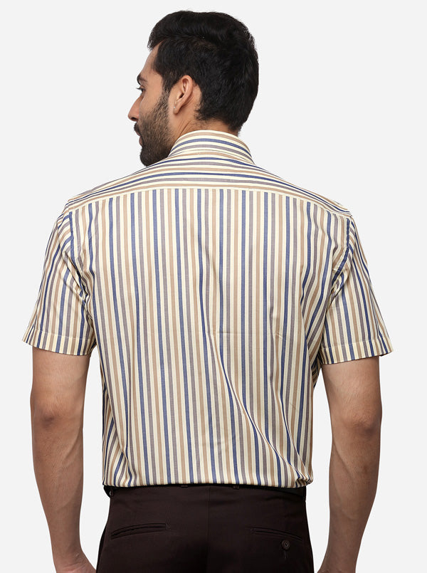 Beige & Blue Striped Regular Fit Formal Shirt | JadeBlue