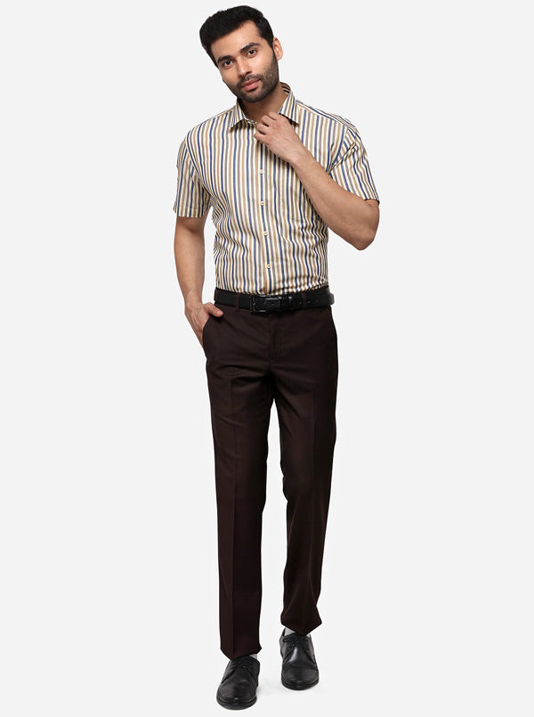 Beige & Blue Striped Regular Fit Formal Shirt | JadeBlue