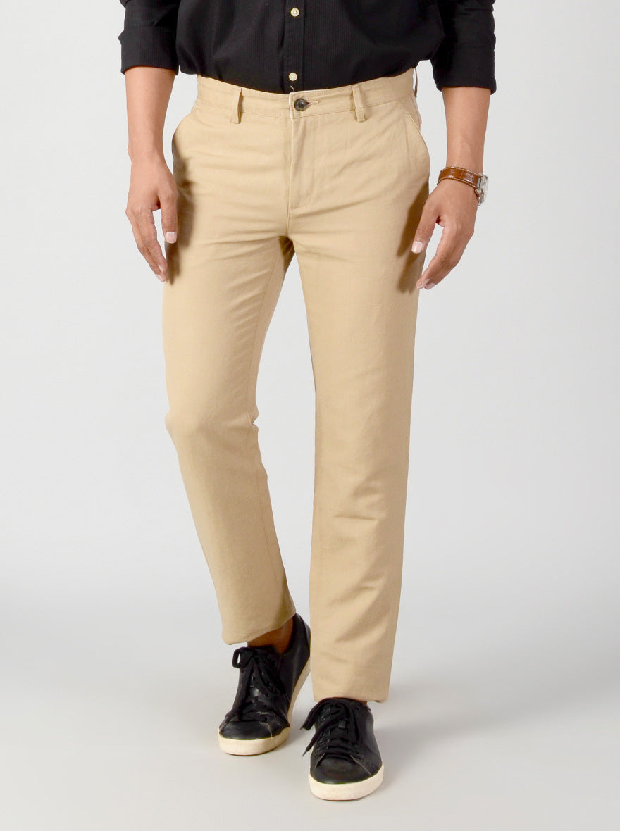 Khaki Self Textured Slim Fit Casual Trouser | JB Sport