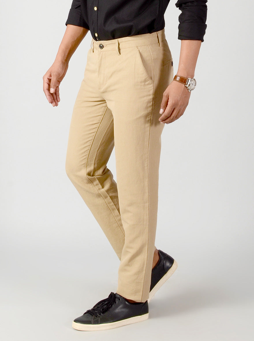 Khaki Self Textured Slim Fit Casual Trouser | JB Sport