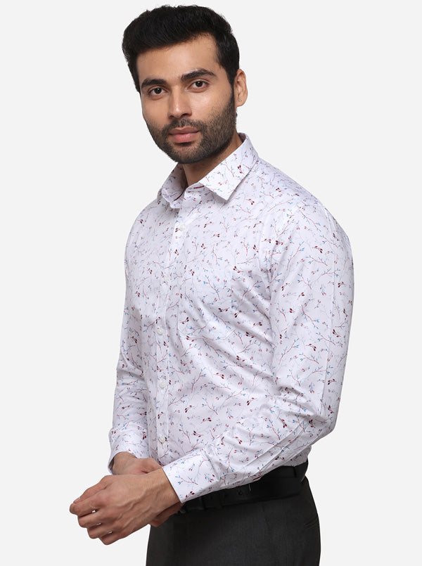 White Printed Slim Fit Formal Shirt | Greenfibre