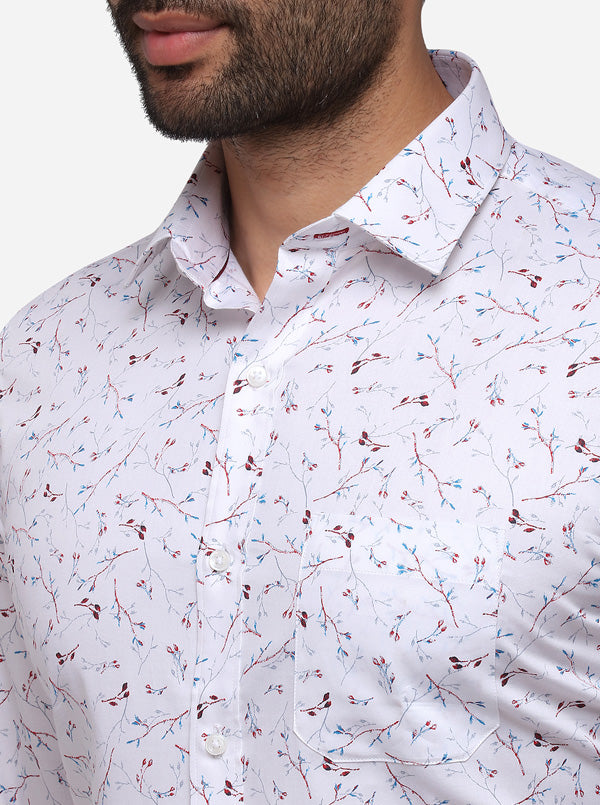 White Printed Slim Fit Formal Shirt | Greenfibre