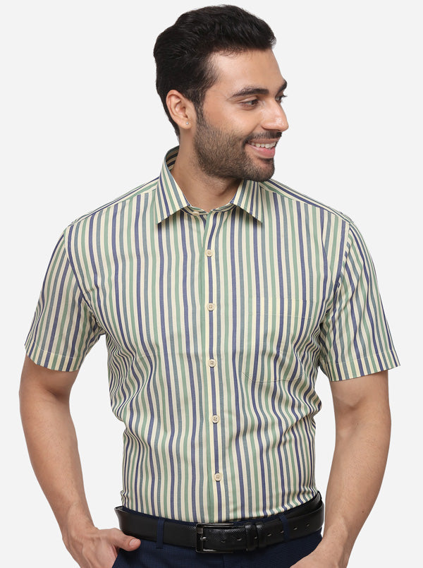 Beige & Green Striped Regular Fit Formal Shirt | JadeBlue