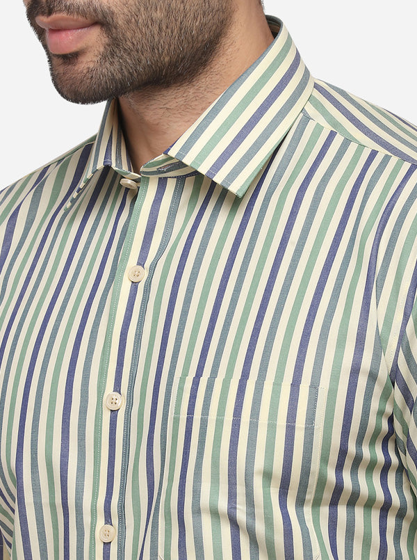 Beige & Green Striped Regular Fit Formal Shirt | JadeBlue