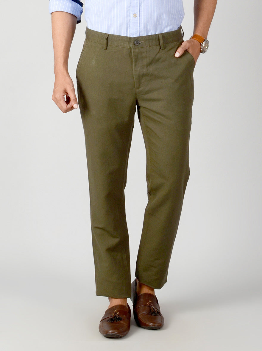 Dark Olive Green Self Textured Slim Fit Casual Trouser | JB Sport