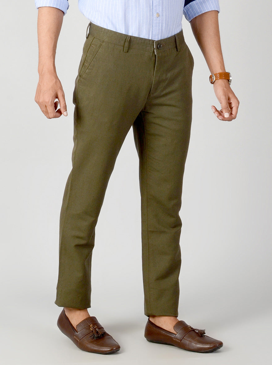 Dark Olive Green Self Textured Slim Fit Casual Trouser | JB Sport