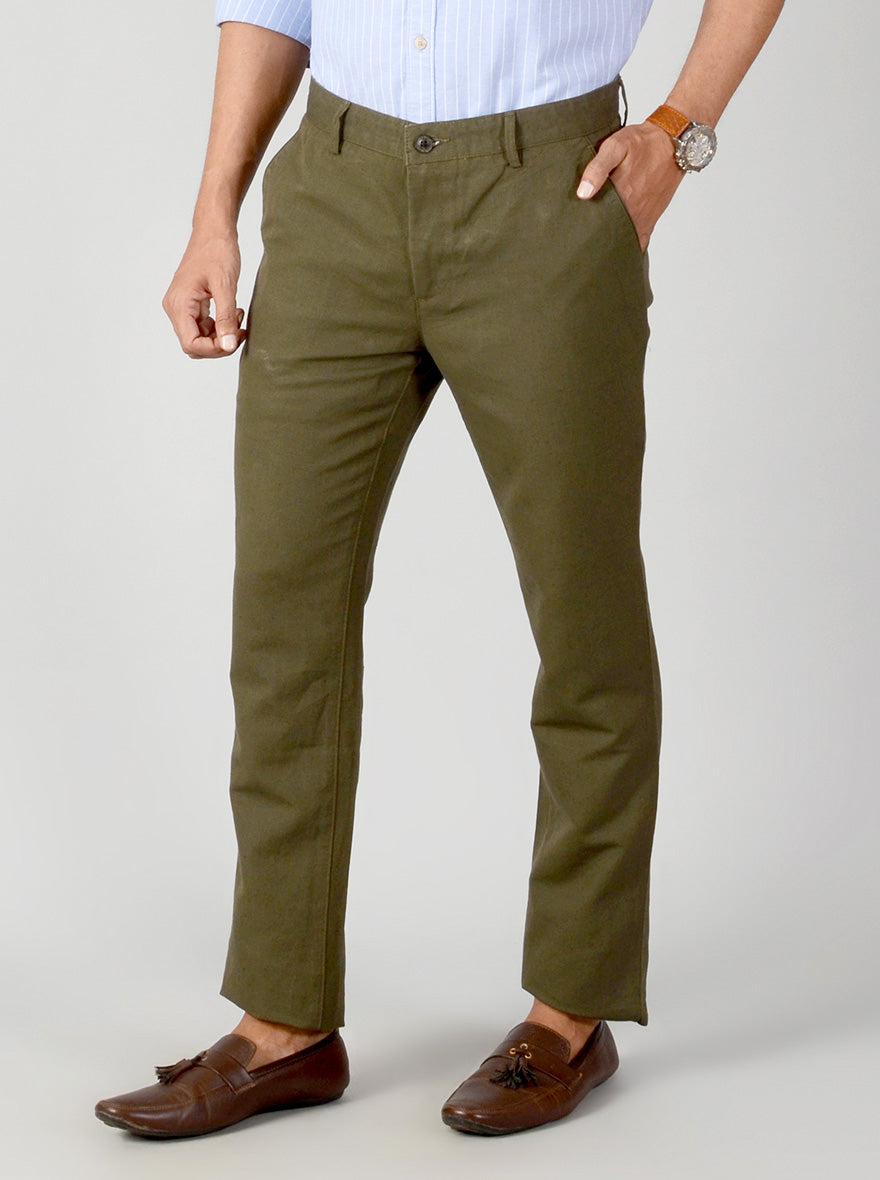 Dark Olive Green Self Textured Slim Fit Casual Trouser | JB Sport