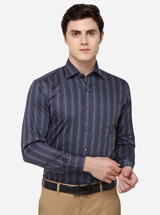 Steel Grey Striped Slim Fit Formal Shirt | Metal