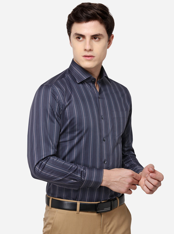 Steel Grey Striped Slim Fit Formal Shirt | Metal