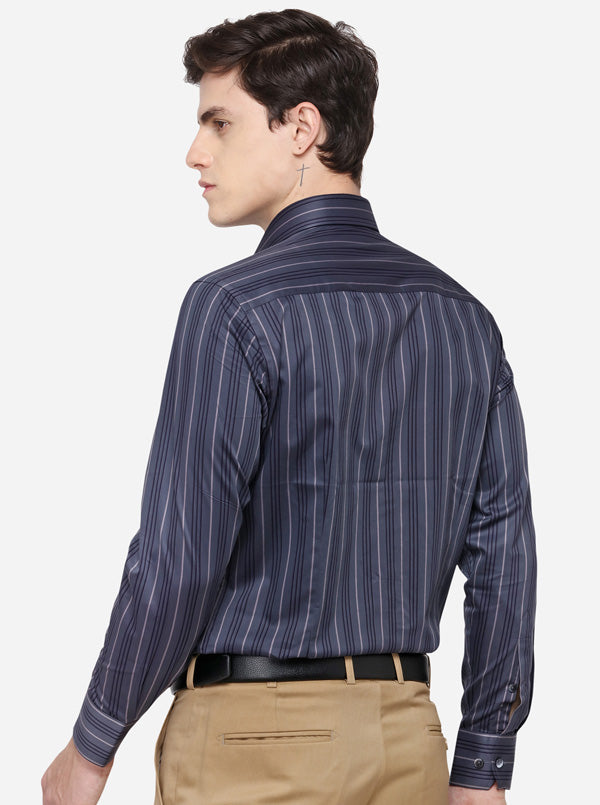 Steel Grey Striped Slim Fit Formal Shirt | Metal