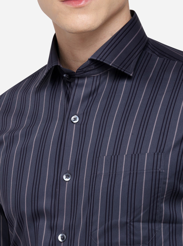 Steel Grey Striped Slim Fit Formal Shirt | Metal