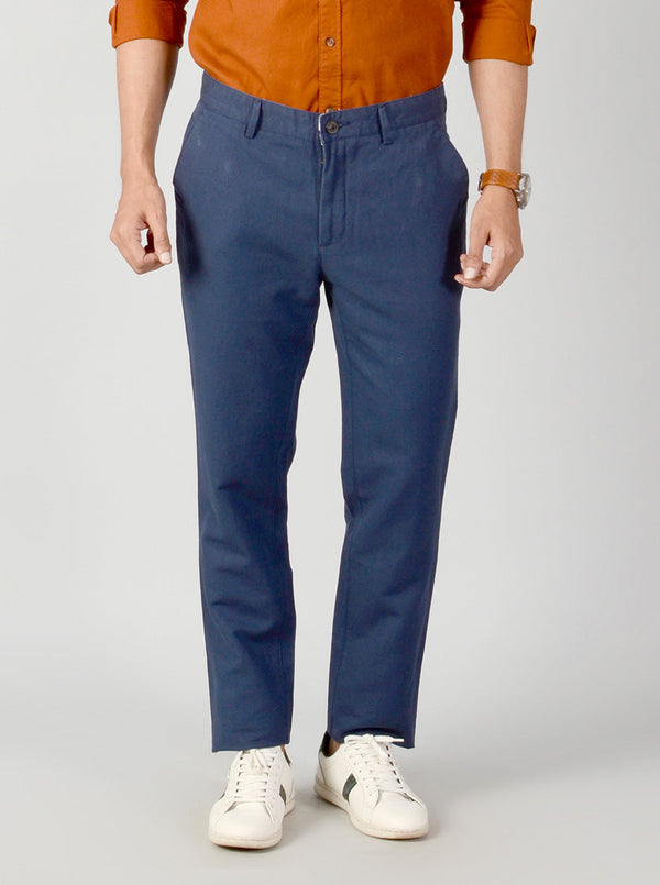 Navy Blue Self Textured Slim Fit Casual Trouser | JB Sport