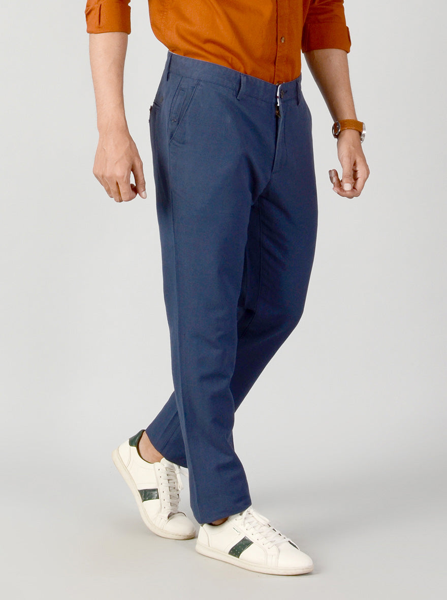 Navy Blue Self Textured Slim Fit Casual Trouser | JB Sport