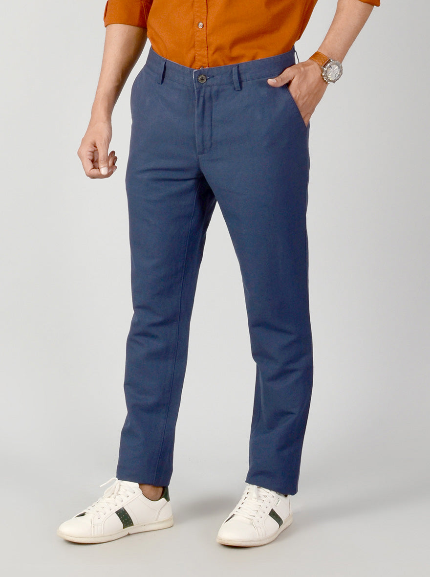 Navy Blue Self Textured Slim Fit Casual Trouser | JB Sport