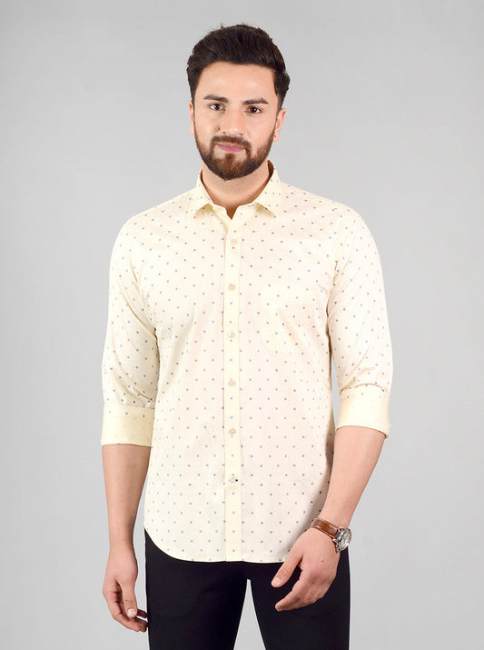 Cream & Blue Printed Slim Fit Formal Shirt | Greenfibre