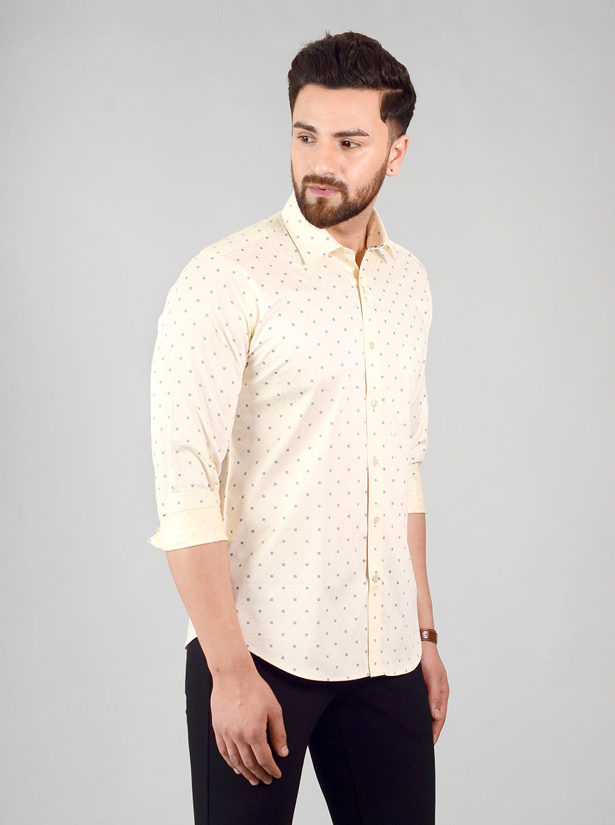 Cream & Blue Printed Slim Fit Formal Shirt | Greenfibre