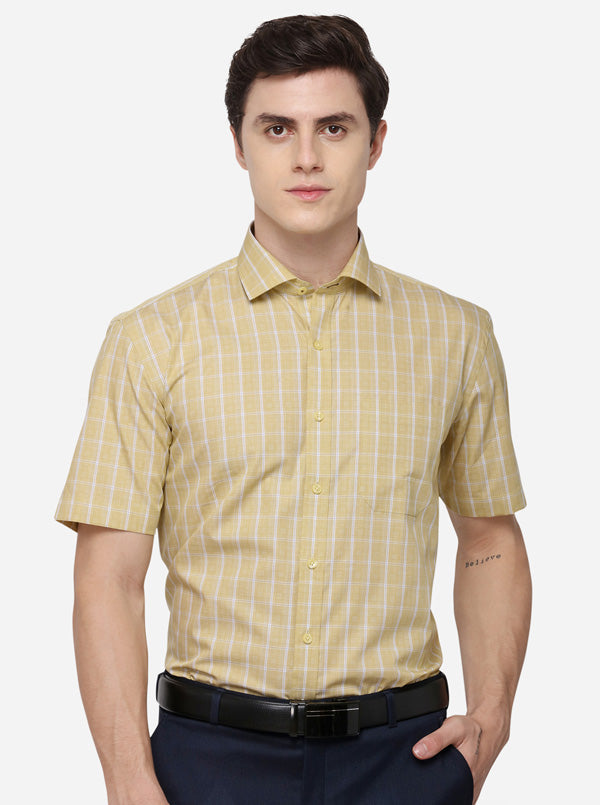 Yellow & White Checked Regular Fit Formal Shirt | JadeBlue