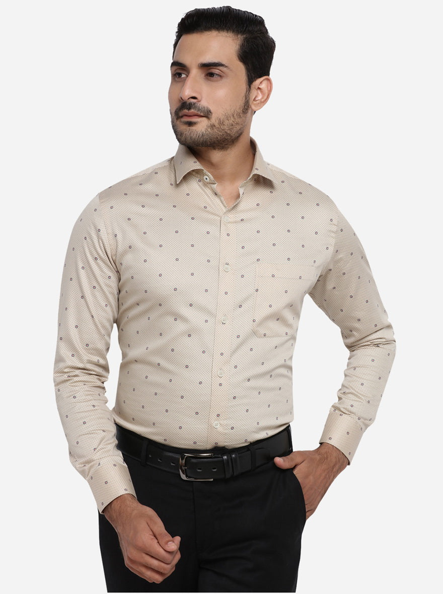 Light Khaki Printed Slim Fit Formal Shirt | Metal