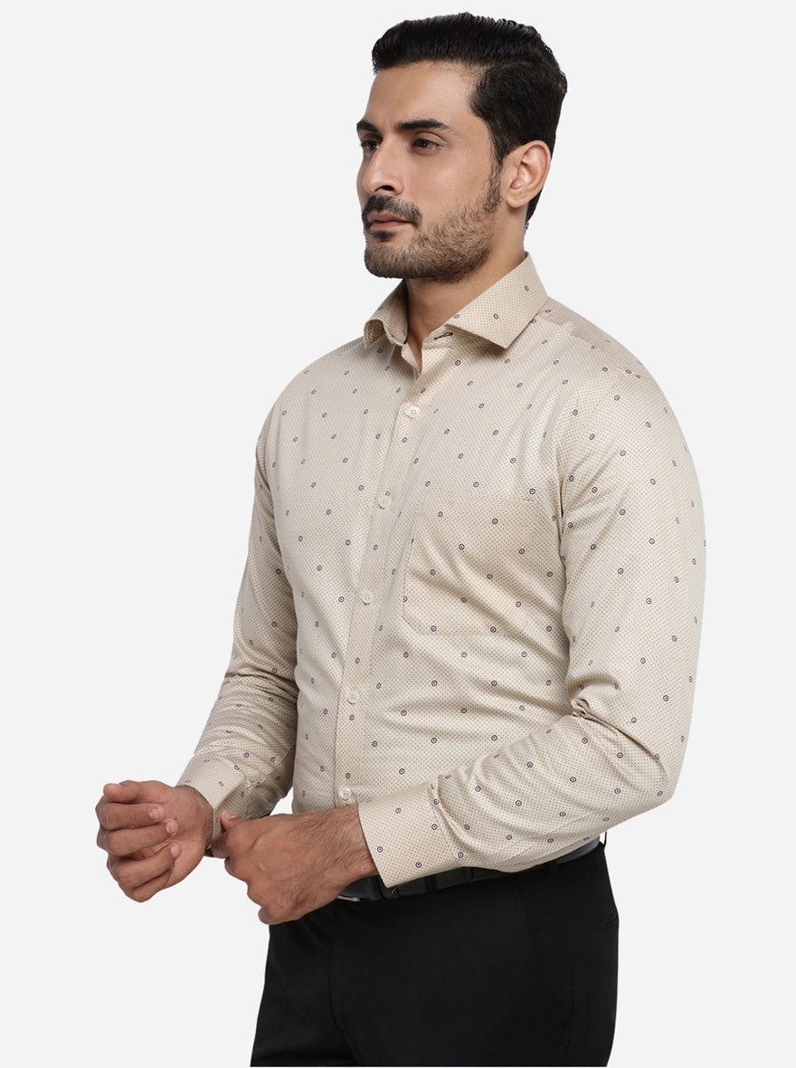 Light Khaki Printed Slim Fit Formal Shirt | Metal