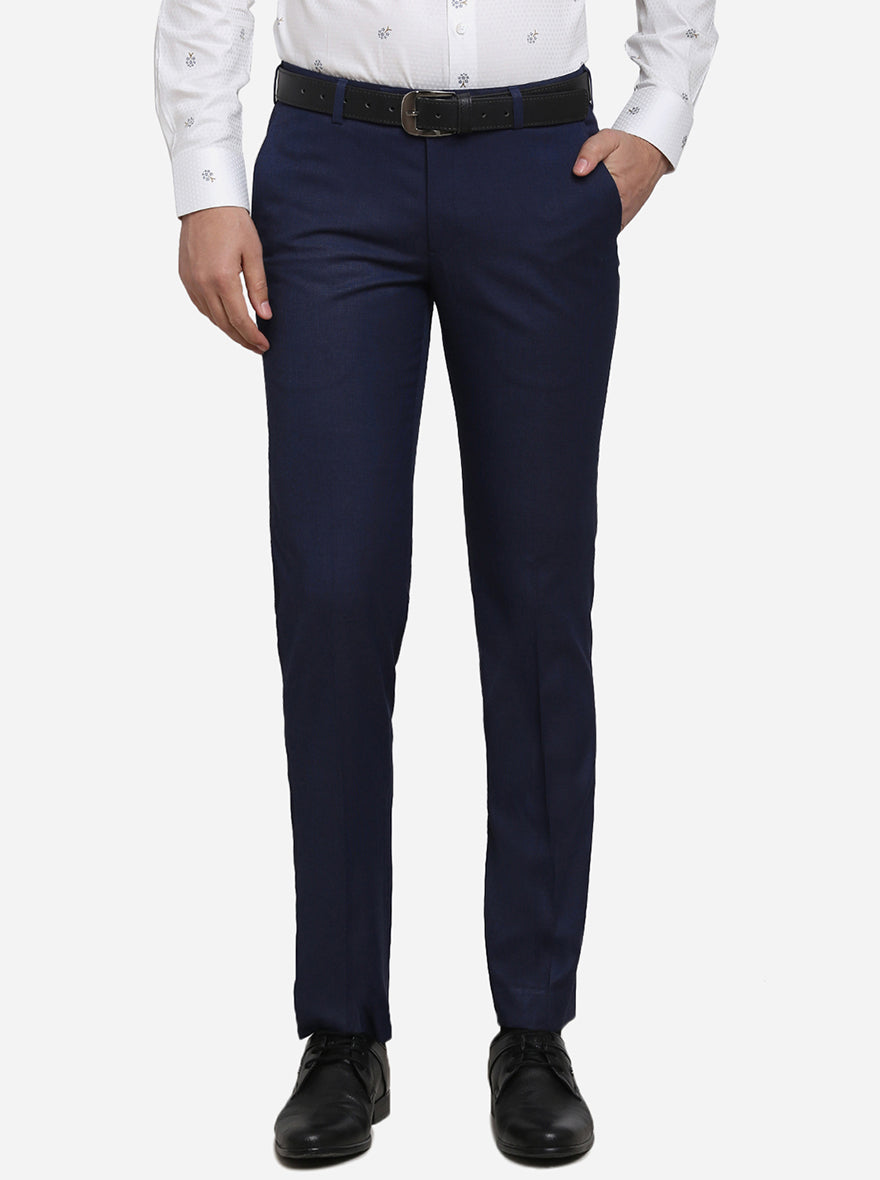 Navy Blue Solid Slim Fit Formal Trouser | Metal