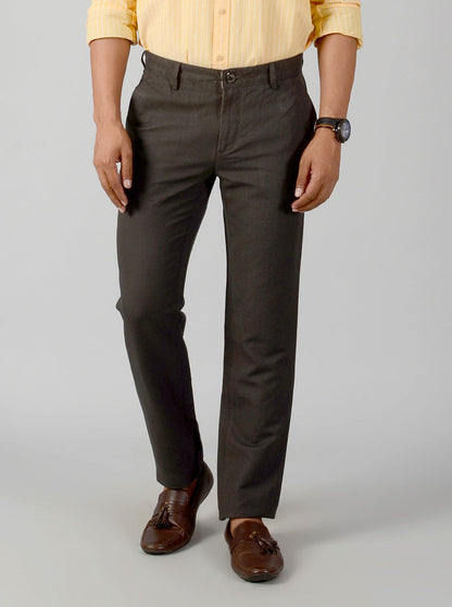 Dark Olive Green Self Textured Slim Fit Casual Trouser | JB Sport