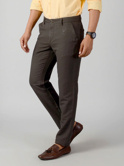 Dark Olive Green Self Textured Slim Fit Casual Trouser | JB Sport