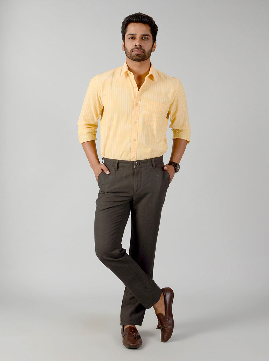 Dark Olive Green Self Textured Slim Fit Casual Trouser | JB Sport