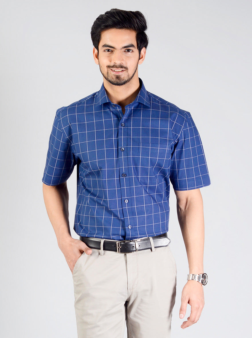 Federal Blue Checked Regular Fit Formal Shirt | JadeBlue