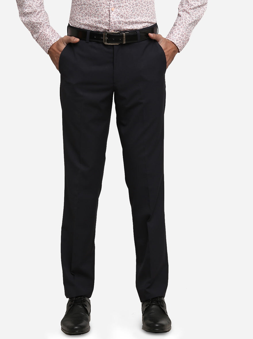 Dark Blue Solid Slim Fit Formal Trouser | Metal