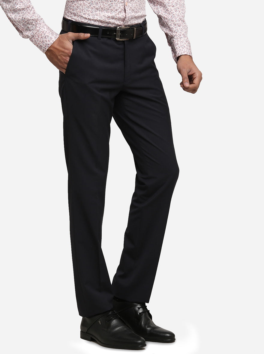 Dark Blue Solid Slim Fit Formal Trouser | Metal