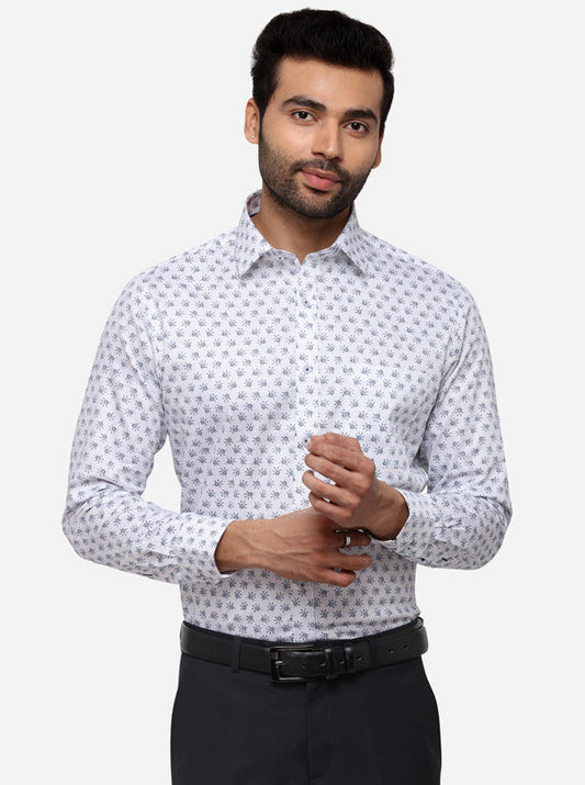 White & Blue Printed Slim Fit Formal Shirt | Greenfibre