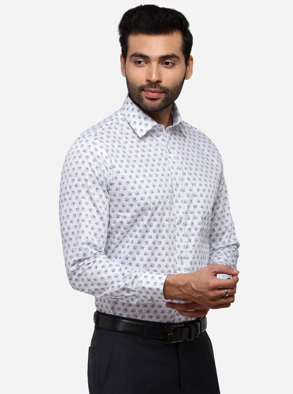 White & Blue Printed Slim Fit Formal Shirt | Greenfibre