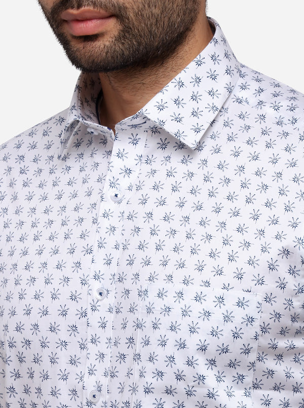 White & Blue Printed Slim Fit Formal Shirt | Greenfibre