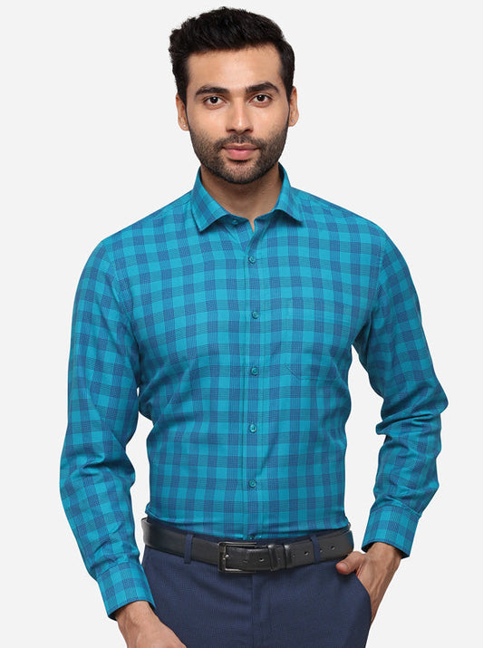 Turquoise Blue Checked Slim Fit Formal Shirt | Greenfibre