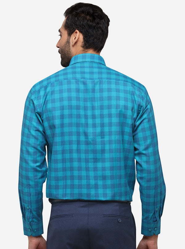 Turquoise Blue Checked Slim Fit Formal Shirt | Greenfibre