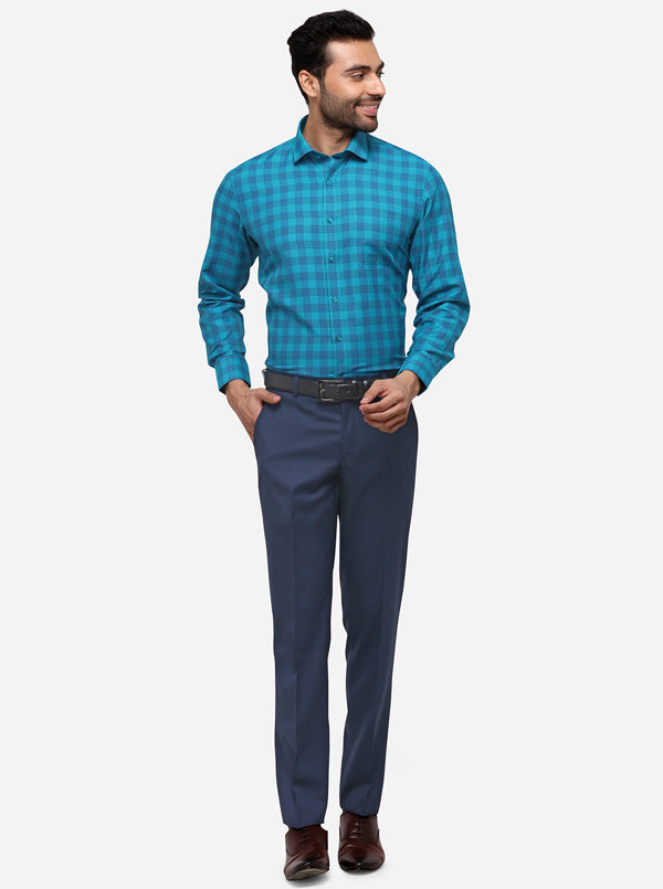 Turquoise Blue Checked Slim Fit Formal Shirt | Greenfibre