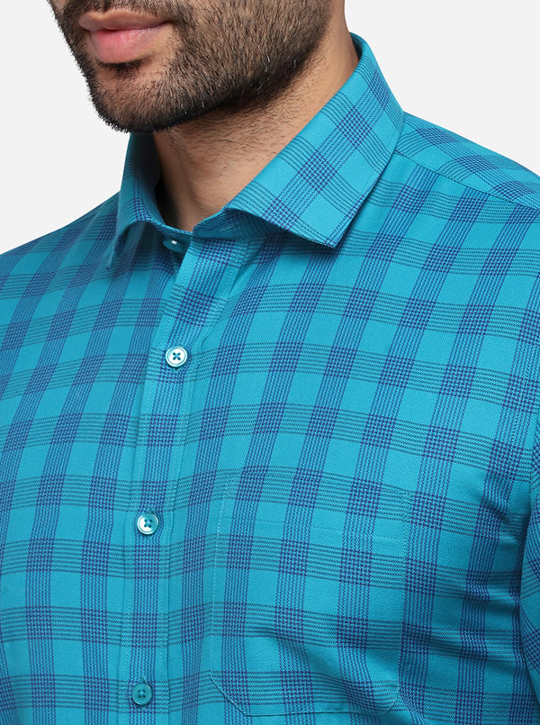 Turquoise Blue Checked Slim Fit Formal Shirt | Greenfibre