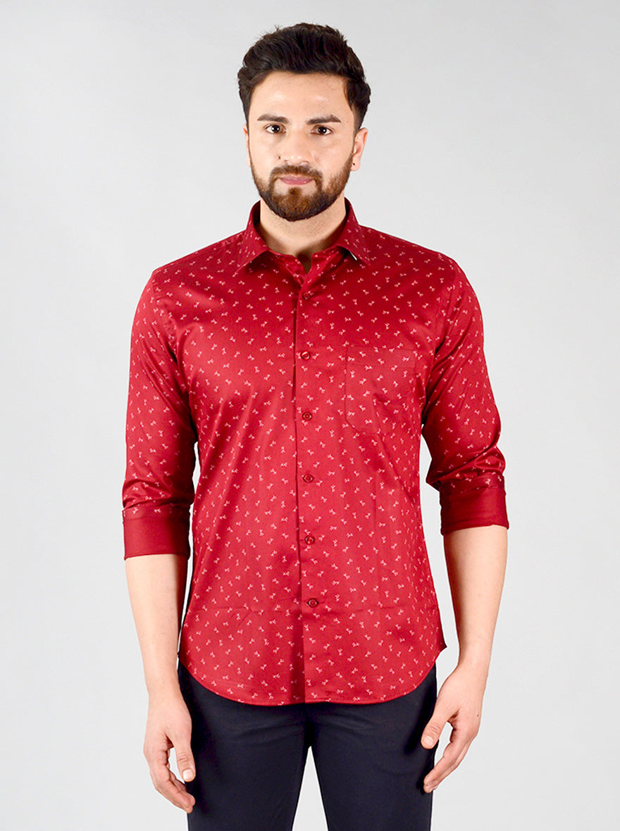 Maroon Printed Slim Fit Formal Shirt | Greenfibre