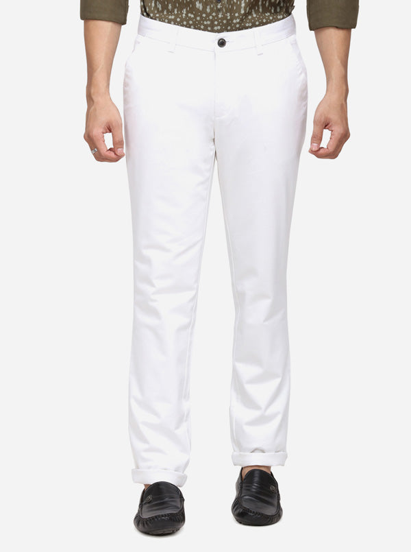 White Solid Slim Fit Casual Trouser | JadeBlue