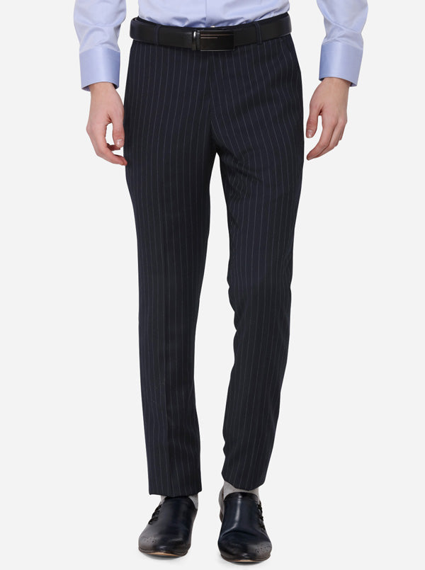 Navy Blue Striped Super Slim Fit Formal Trouser | JadeBlue