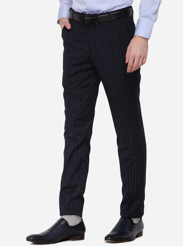 Navy Blue Striped Super Slim Fit Formal Trouser | JadeBlue