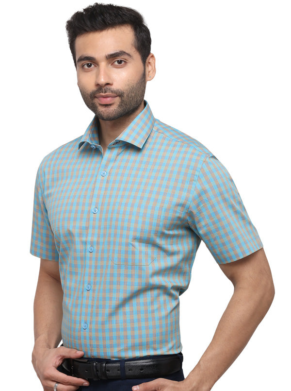 Sky Blue Checked Regular Fit Formal Shirt | JadeBlue