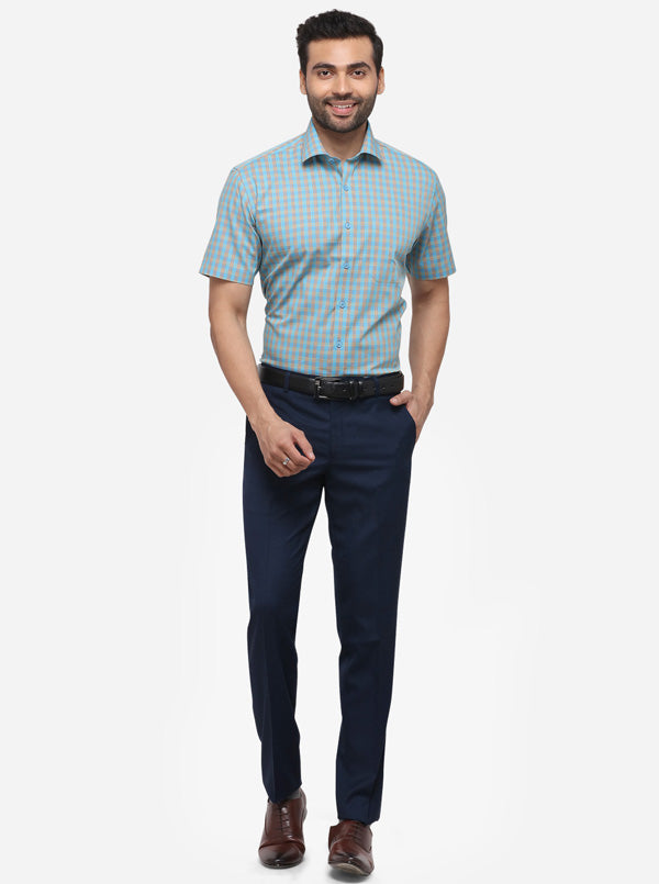 Sky Blue Checked Regular Fit Formal Shirt | JadeBlue