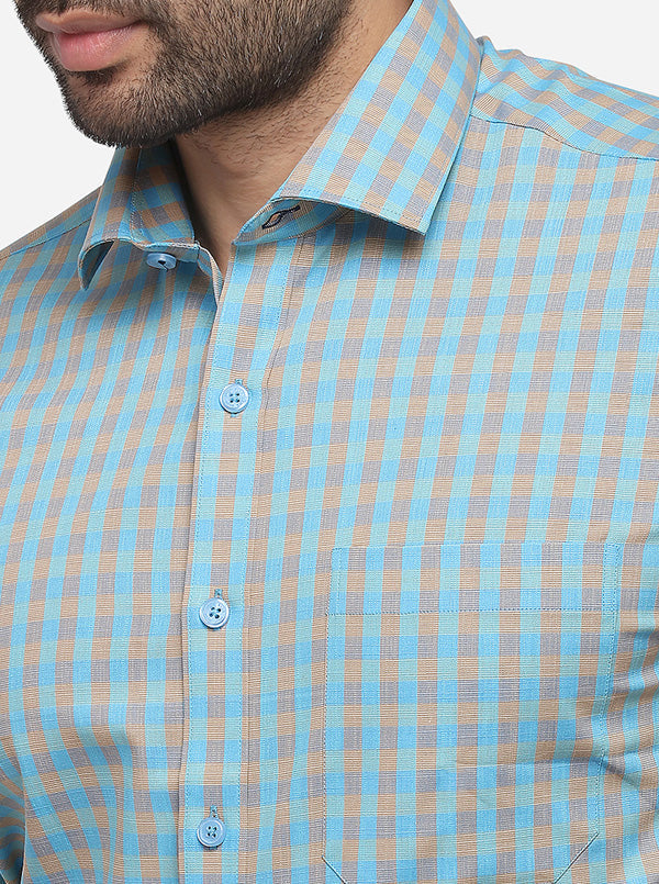 Sky Blue Checked Regular Fit Formal Shirt | JadeBlue