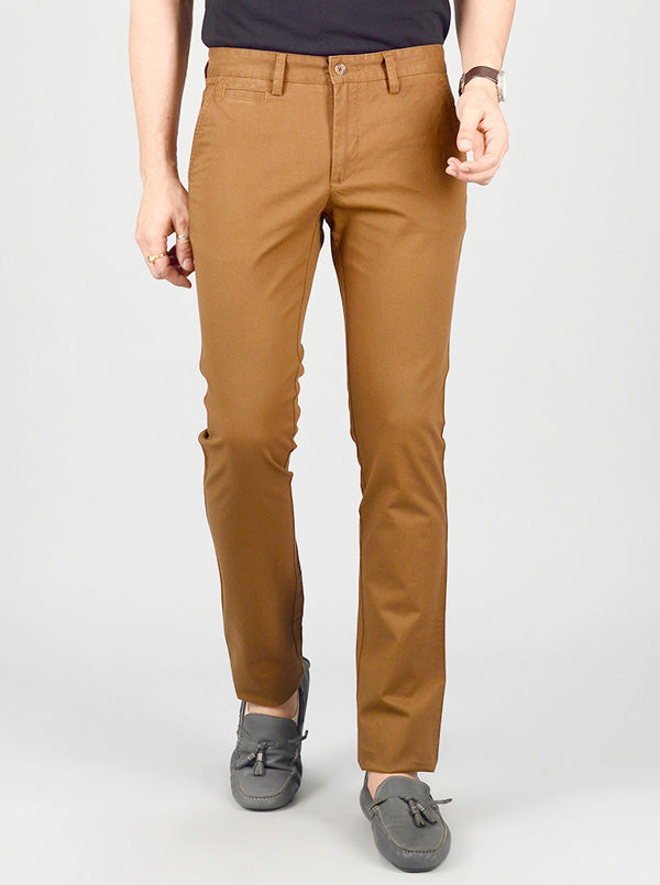 Brown Solid Slim Fit Casual Trouser | Greenfibre